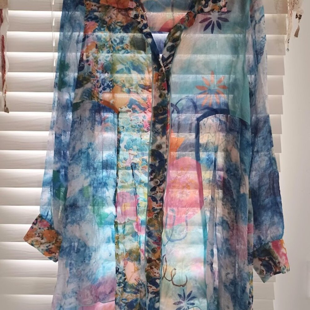 ohn Mark Women Small Sheer Tunic Blouse Abstract Floral Button Front Boho - Picture 3 of 7